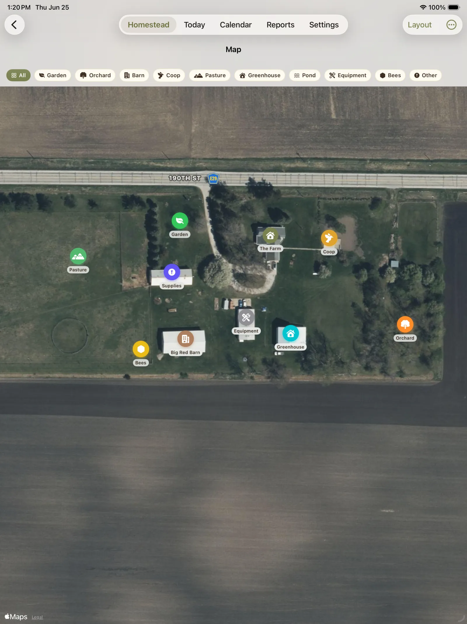 Homestead Keeper map showing a satellite view of a homestead with labeled places and colored record markers.